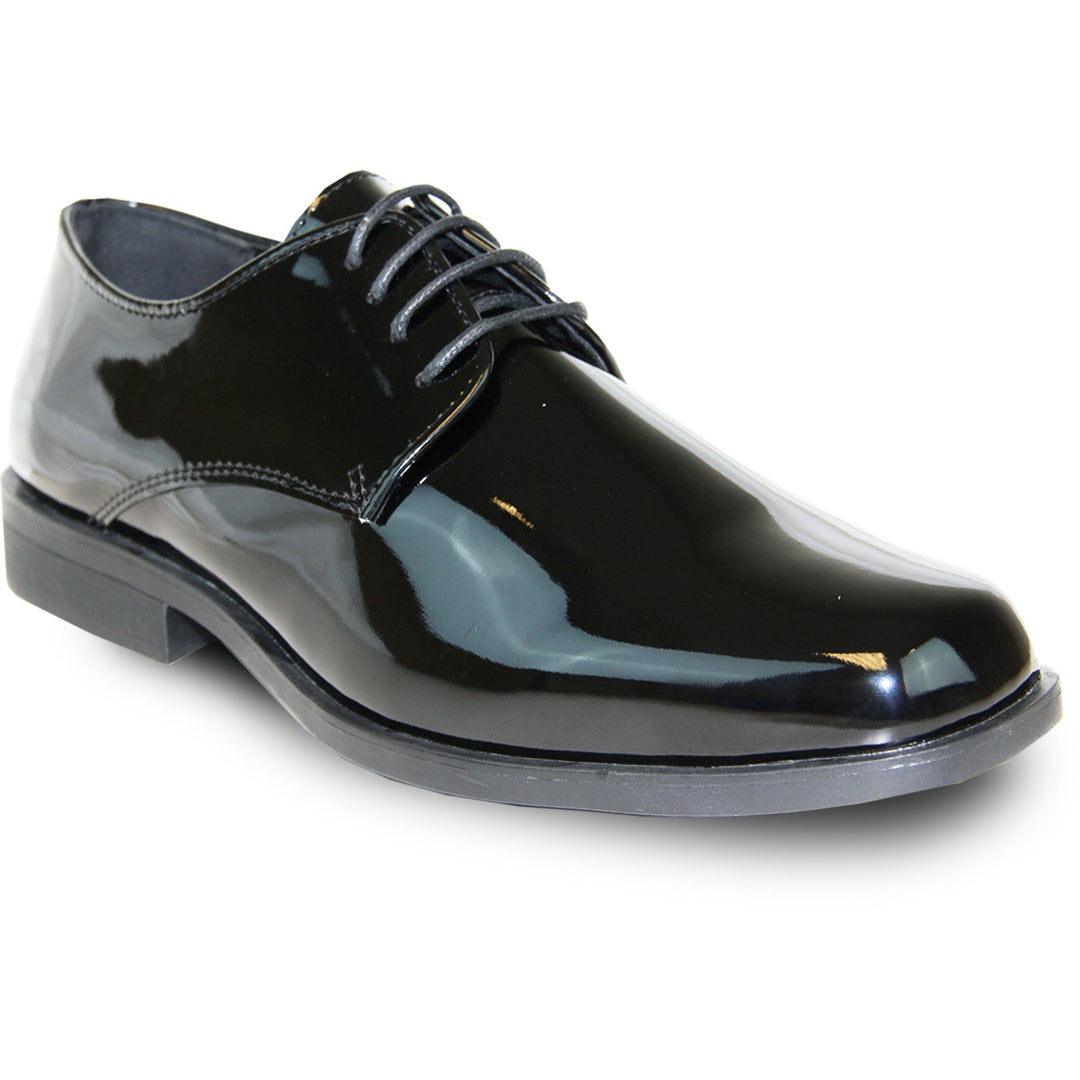 Mens Classic Plain Square Toe Shiny Patent Tuxedo Dress Shoe in Black, 9.5M / Black