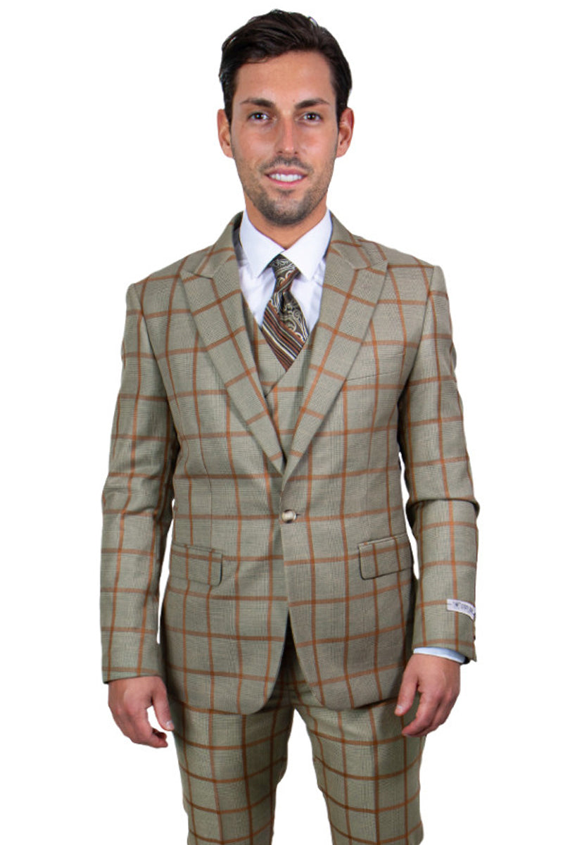 Men's Stacy Adams One Button Peak Lapel Vested Suit in Tan & Gold Windowpane Plaid