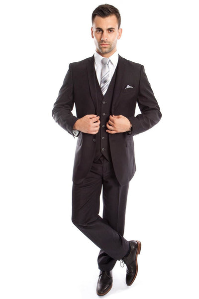 Men's Two Button Slim Fit Basic Vested Wedding Suit in Charcoal Grey