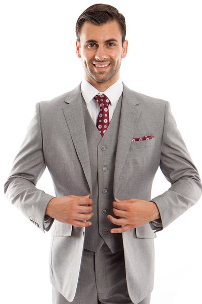 Men's Designer Two Button Modern Fit Vested Wool Suit in Grey