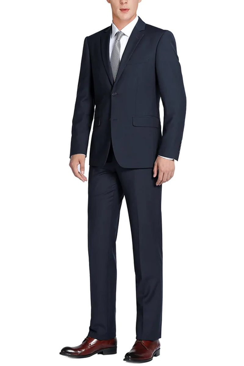 Mens Basic Two Button Slim Fit Suit with Optional Vest in Dark Navy Bl ...