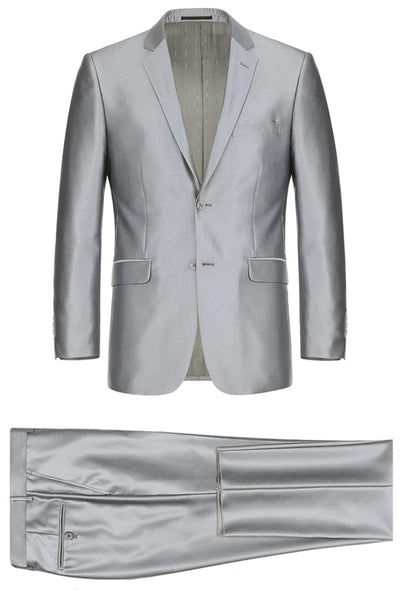 Mens Basic Two Button Slim Fit Suit with Optional Vest in Shiny Silver Grey Sharkskin