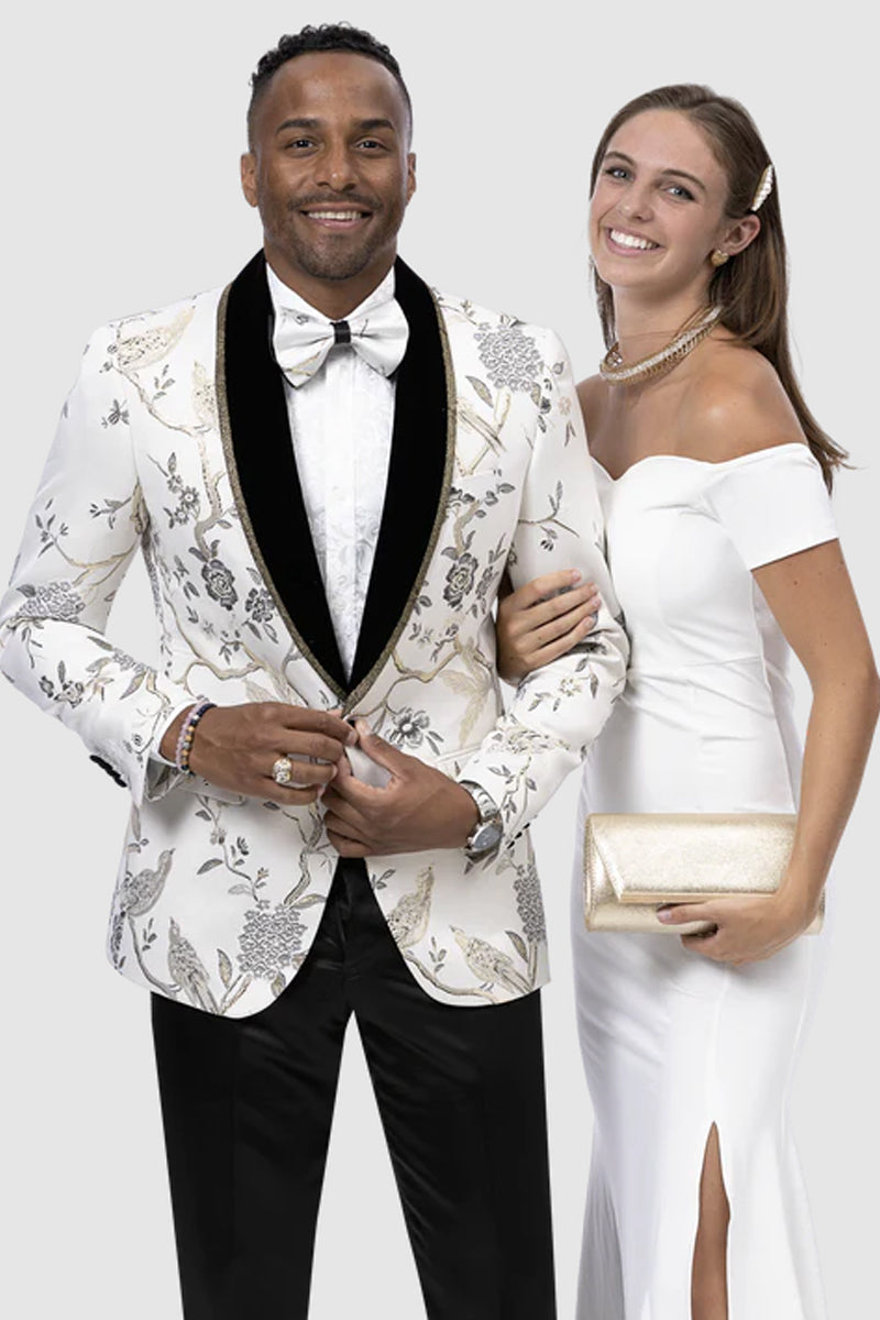 Mens One Button White & Gold Tree Pattern Wedding Tuxedo Dinner Jacket