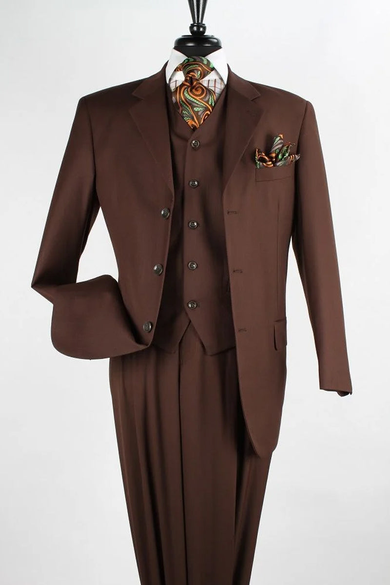 Mens Classic Fit 3 Button Vested Single Pleated Pant Suit in Chocolate Brown