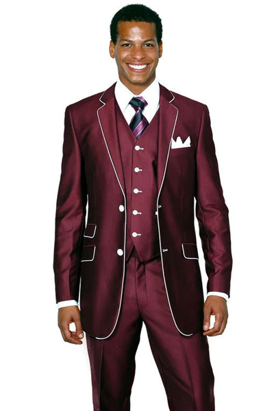 Mens Vested Slim Fit Shiny Sharkskin Tuxedo Suit in Burgundy with White Piping