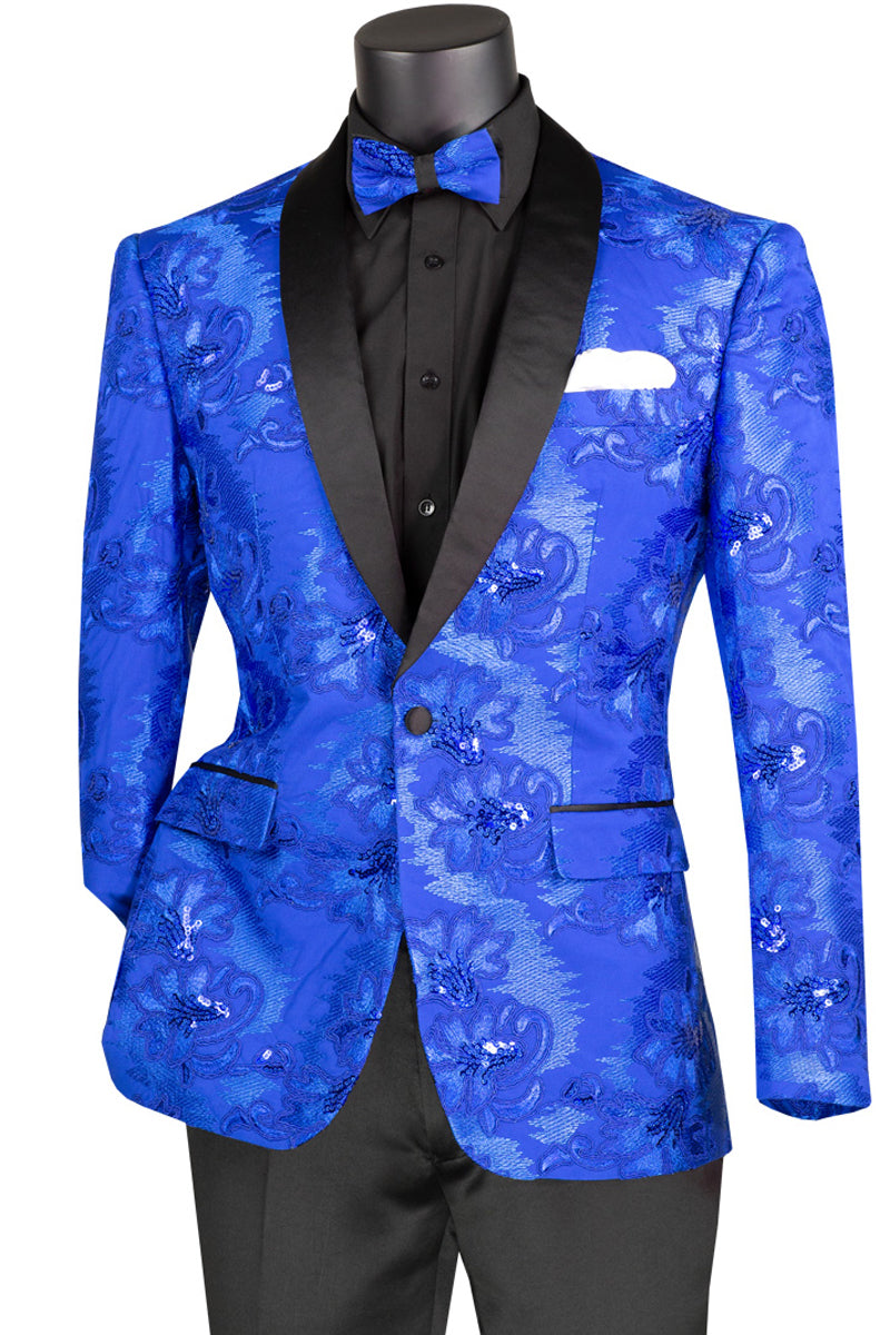 Mens Slim Fit Shiny Floral Sequin Prom Tuxedo Dinner Jacket in Royal Blue