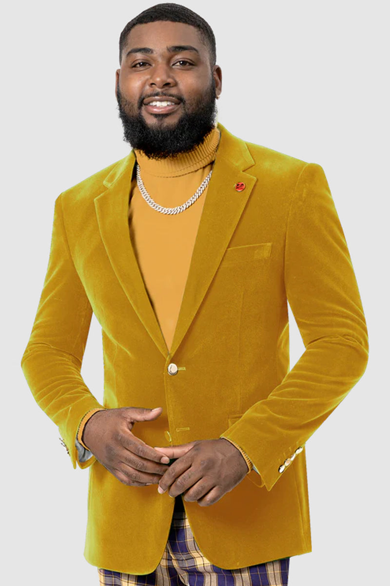 Mens Two Button Modern Fit Velvet Blazer in Mustard