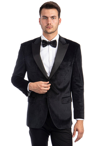 Men's Two Button Peak Lapel Velvet Wedding & Prom Tuxedo Jacket in Black
