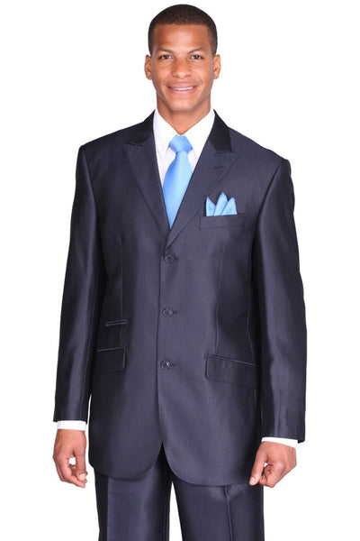 Mens 3 Button Peak Lapel Shiny Sharkskin Micro Pinstripe Suit in Navy Blue