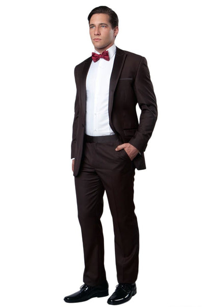 Men's Slim Fit One Button Satin Trim Peak Lapel Prom & Wedding Tuxedo in Brown