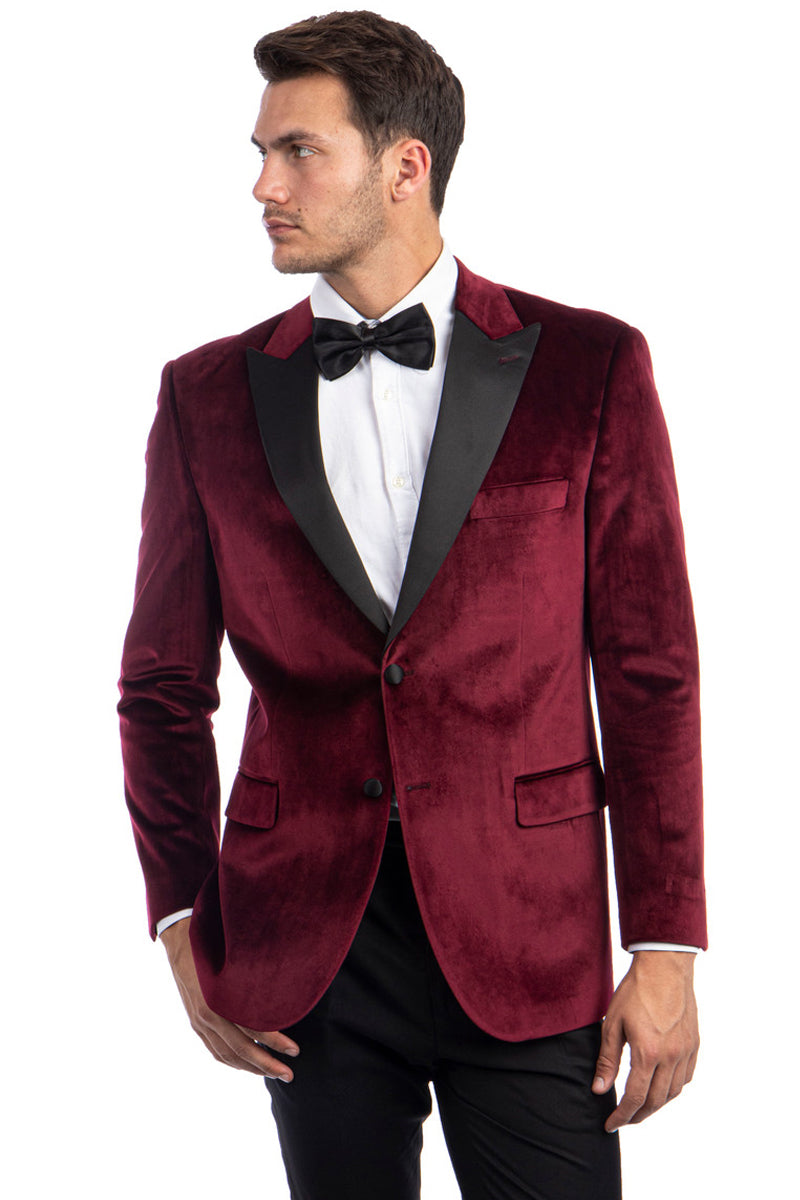 Men's Two Button Peak Lapel Velvet Wedding & Prom Tuxedo Jacket in Burgundy