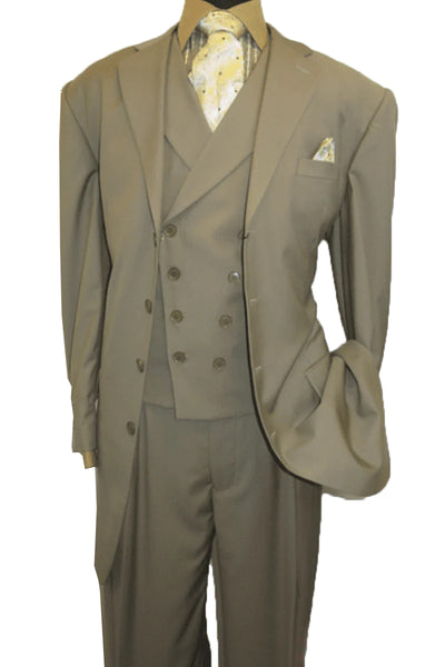 Mens 4 Button Fashion Suit with Double Breasted Vest in Tan