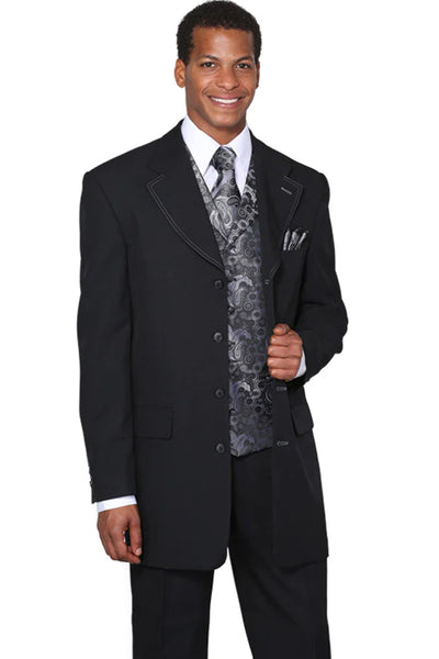 Mens 4 Button Long Vested Fashion Suit in Black with Silver Paisley Vest