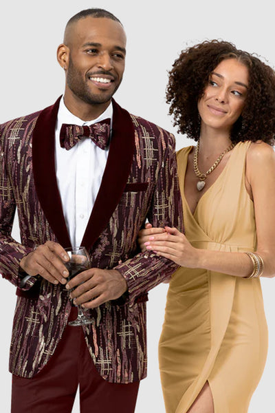 Mens Velvet & Sequin Prom Tuxedo Dinner Jacket Blazer in Burgundy and Gold