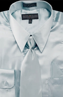 Men's Regular Fit Shiny Satin Dress Shirt, Tie & Pocket Square Set in Light Blue