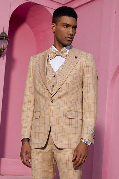 Men's Stacy Adam's One Button Peak Lapel Plaid Suit with Paisley Vest & Bow Tie in Khaki
