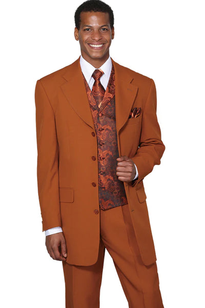 Mens 4 Button Long Vested Fashion Suit in Rust with Paisley Vest