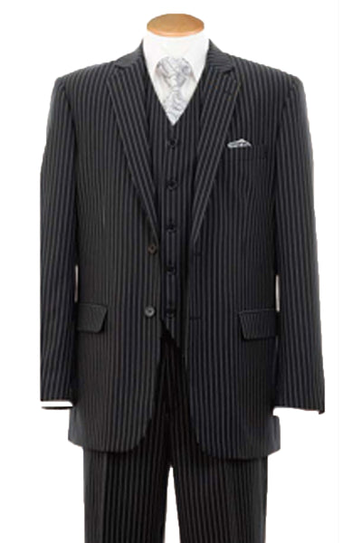 Mens 2 Button Vested Bold Pinstripe Gangster Suit in Black