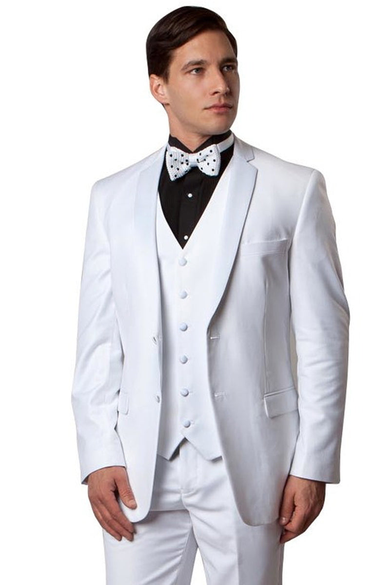 Men's Slim Fit Two Button Vested Notch Tuxedo in White & Black