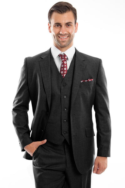 Men's Designer Two Button Modern Fit Vested Wool Suit in Black