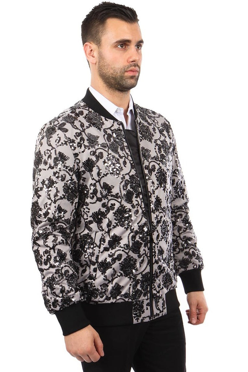 Men's Paisley Sequin Bomber Jacket in Grey & Black