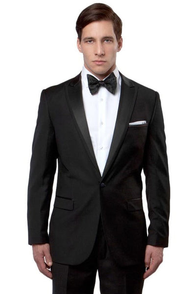 Men's Slim Fit One Button Satin Trim Peak Lapel Prom & Wedding Tuxedo in Black