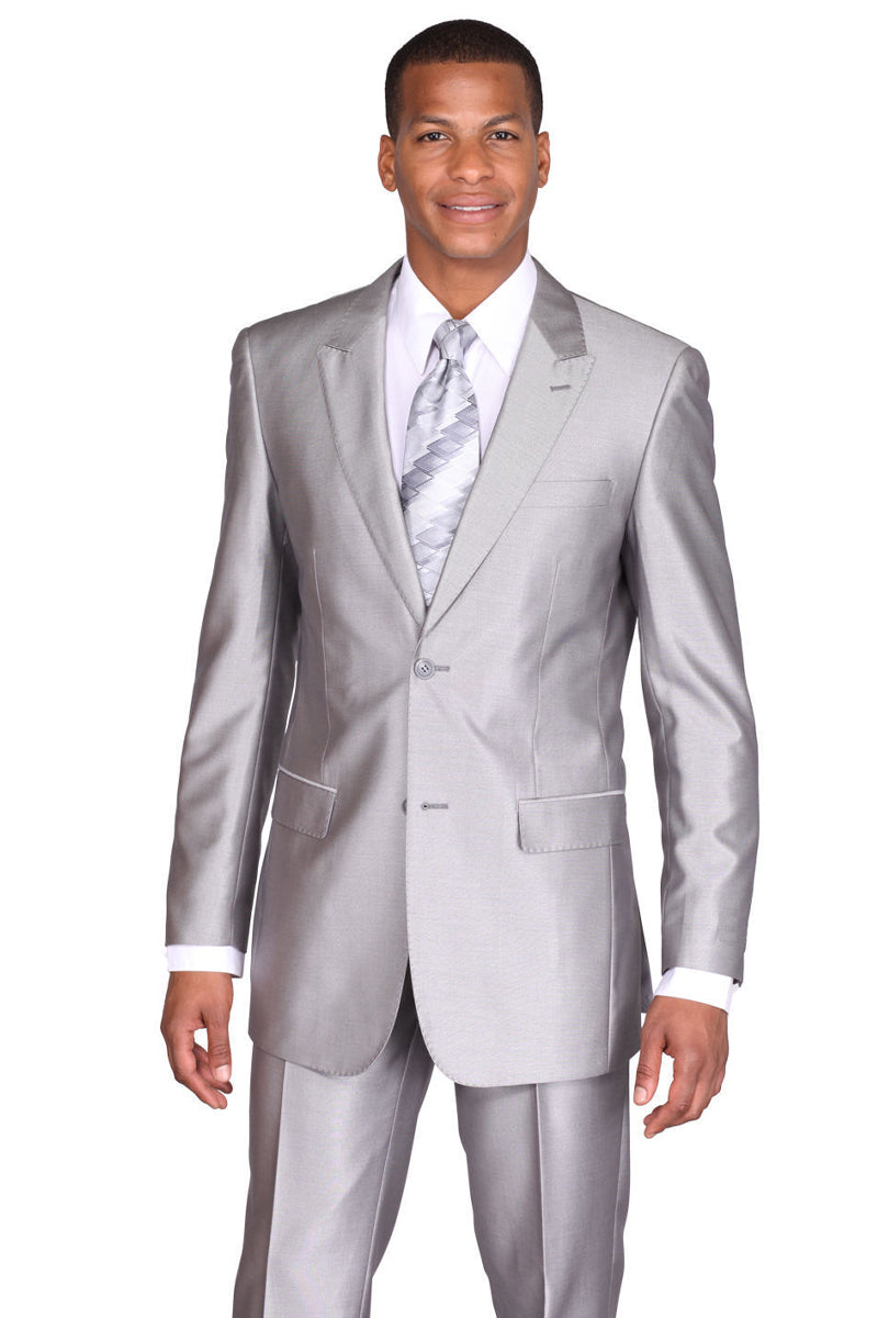 Mens 2 Button Slim Fit Peak Lapel Shiny Sharkskin Suit in Silver Grey ...