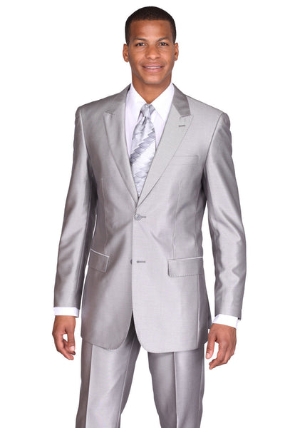 Mens 2 Button Slim Fit Peak Lapel Shiny Sharkskin Suit in Silver Grey