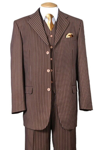 Mens 3 Button Bold 1920's Gangster Pinstripe Vested Suit in Brown