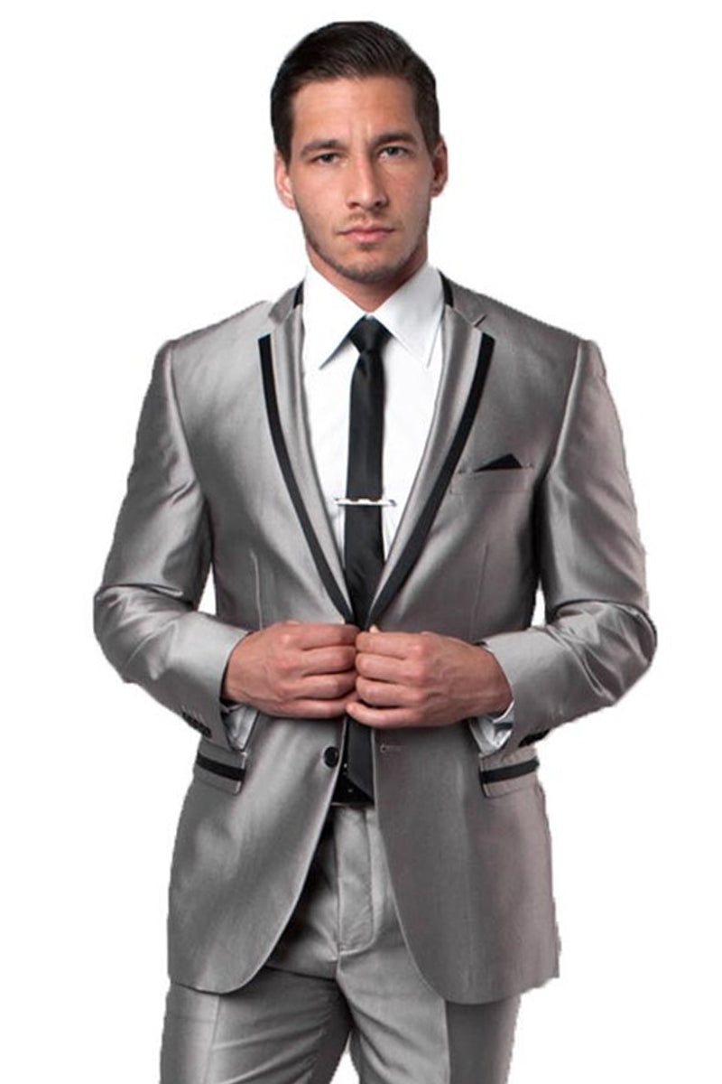 Men's Two Button Slim Fit Wedding & Prom Tuxedo Suit in Shiny Silver Sharkskin with Black Piping