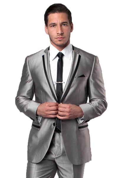 Men's Two Button Slim Fit Wedding & Prom Tuxedo Suit in Shiny Silver Sharkskin with Black Piping