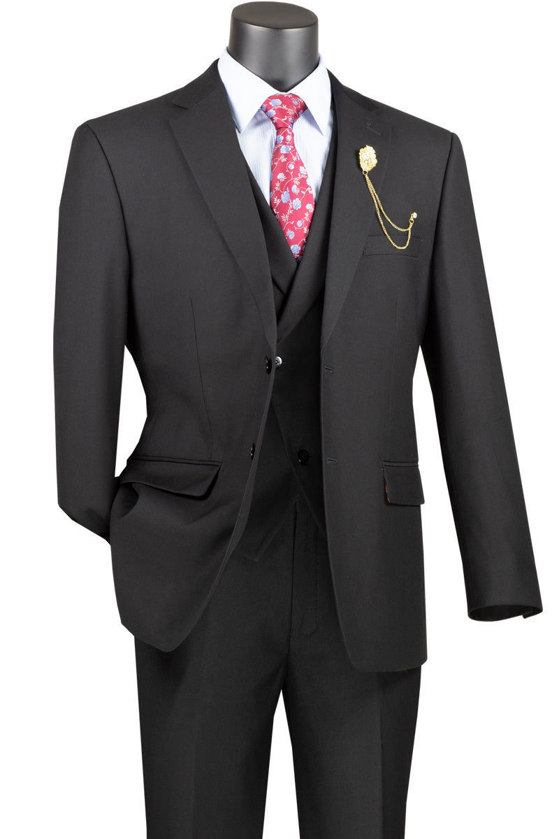 Mens 2 Button Modern Fit Suit with Double Breasted Peak Lapel Vest in Black