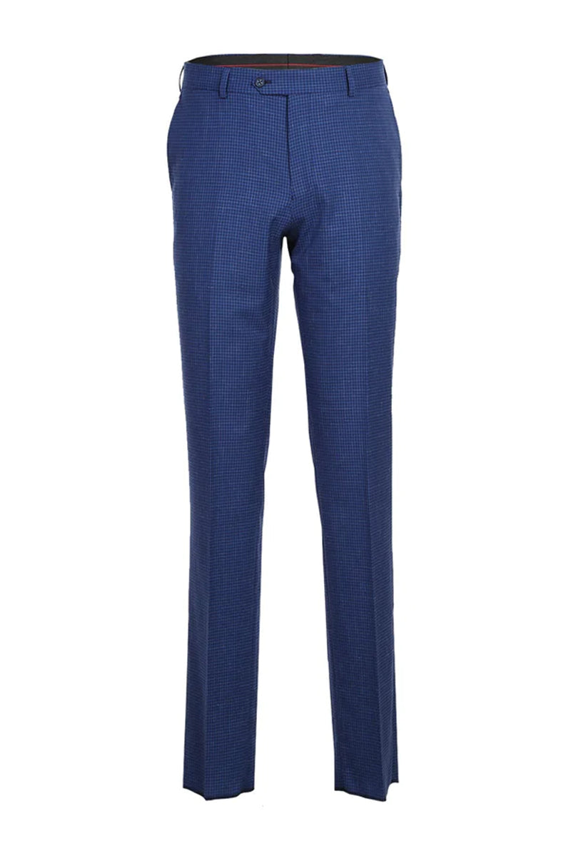 Mens Designer Two Button Slim Fit Peak Lapel Wool Suit in Blue Mini Plaid Check