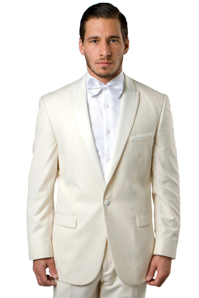Men's Slim Fit One Button Satin Trim Peak Lapel Prom & Wedding Tuxedo in Ivory