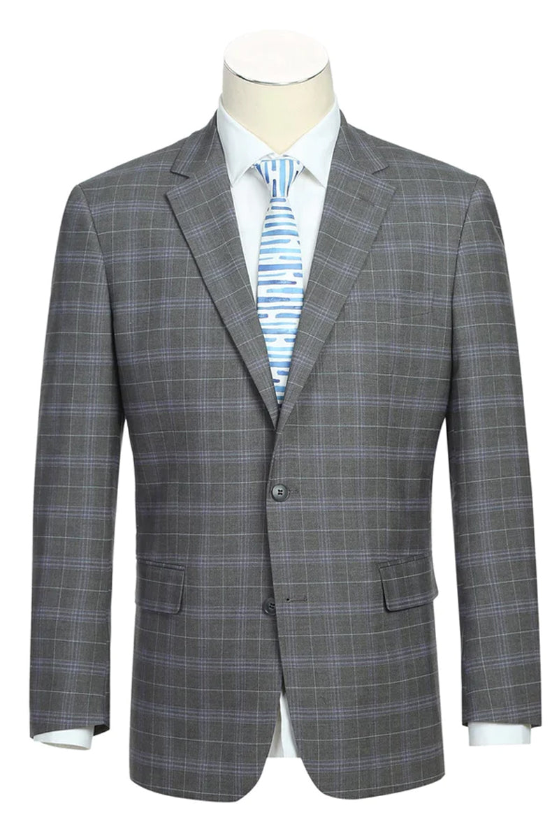 Mens Classic Fit Two Button Suit in Dark Grey and Lavender Windowpane Plaid