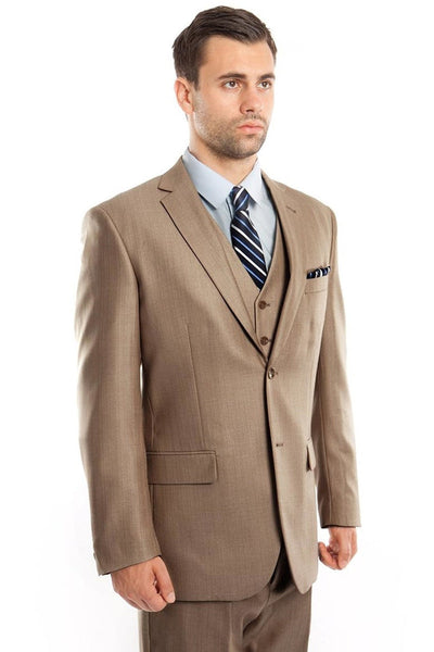 Men's Two Button Vested Textured Sharkskin Business Suit in Dark Tan