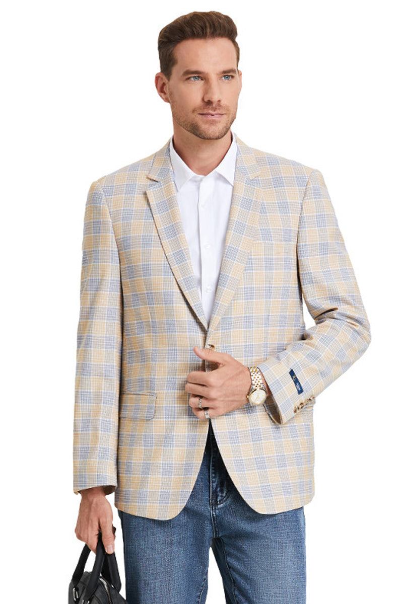 Men's Two Button Business Casual Glen Plaid Sports Coat in Tan & Blue ...