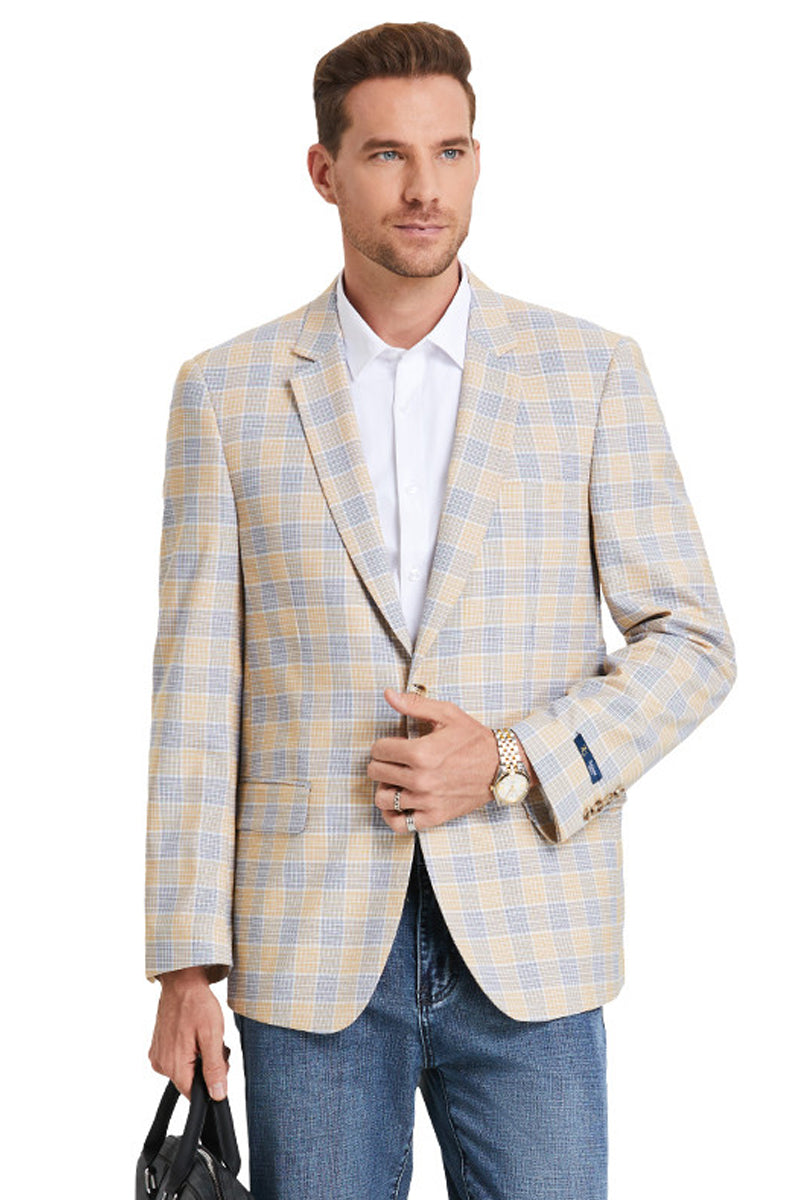 Men's Two Button Business Casual Glen Plaid Sports Coat in Tan & Blue
