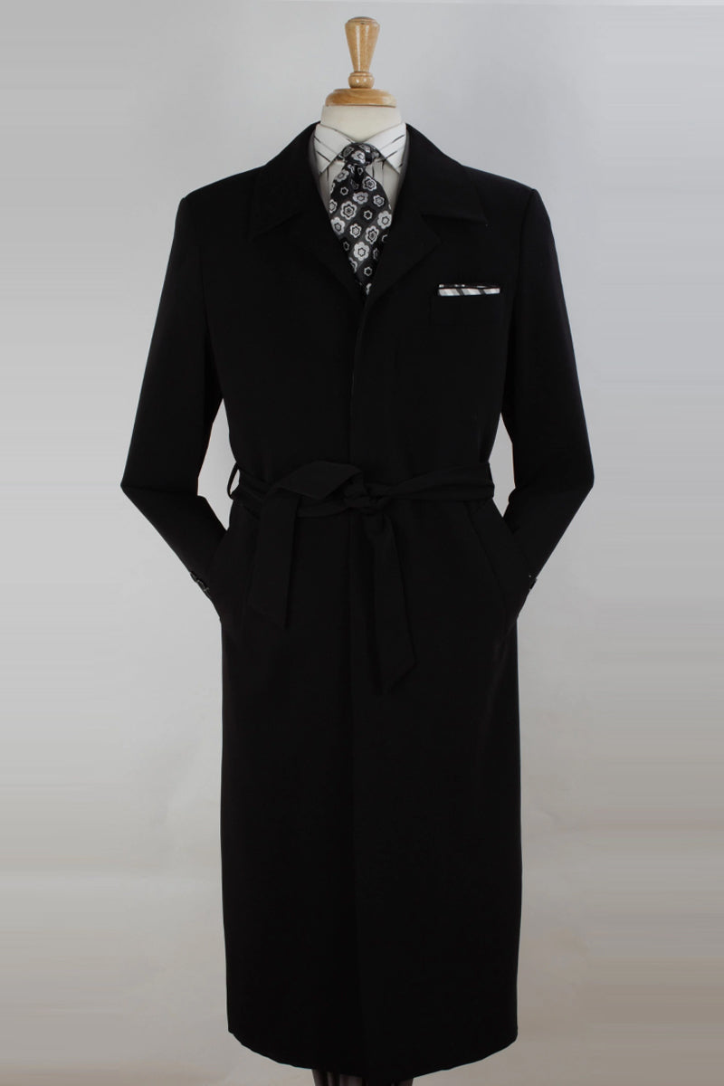 Mens Full Length Long Belted Wool Overcoat in Black