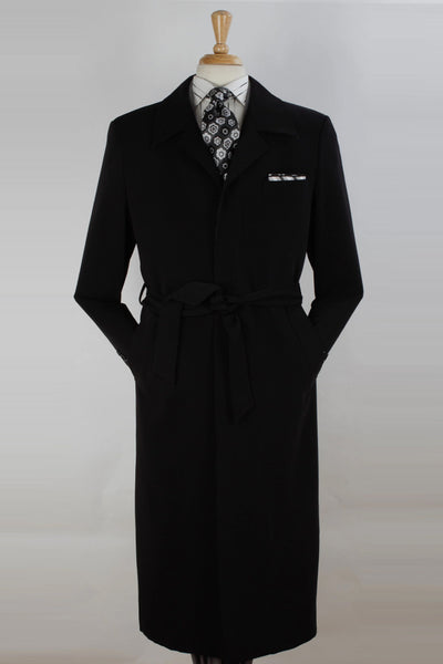 Mens Full Length Long Belted Wool Overcoat in Black