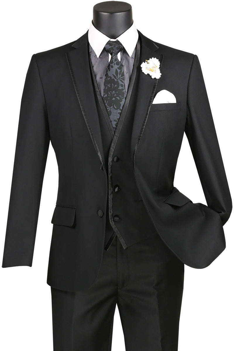 Mens Vested Wedding Trim Tuxedo in Black