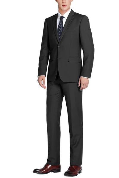 Mens Basic Two Button Classic Fit Wool Suit with Optional Vest in Black