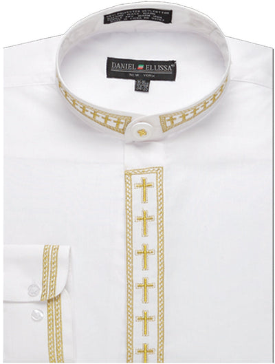 Men's Cross Embroidered Banded Collar Dress Clergy Shirt in White & Gold