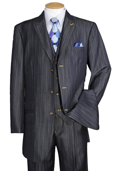 Mens 3 Button Vested Peak Lapel Denim Suit in Navy Blue