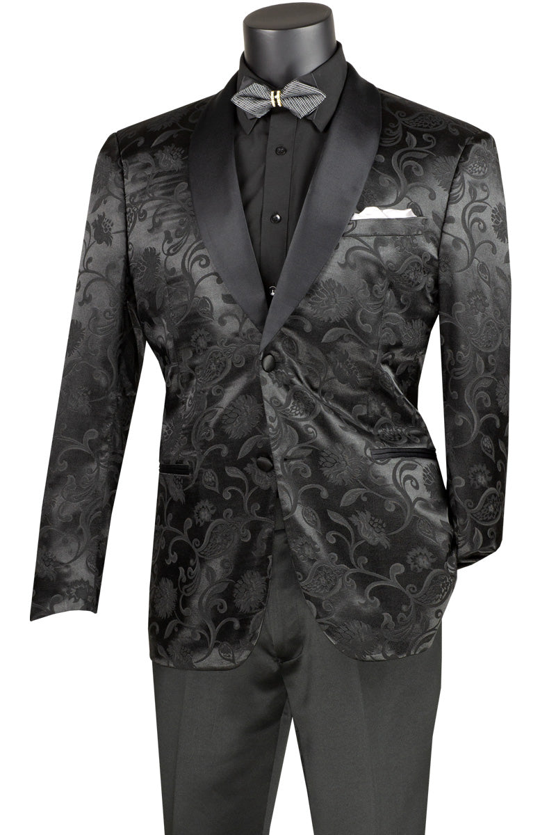 Mens Slim fit Silky Jacquard Tonal Paisley Print Prom Blazer in Black