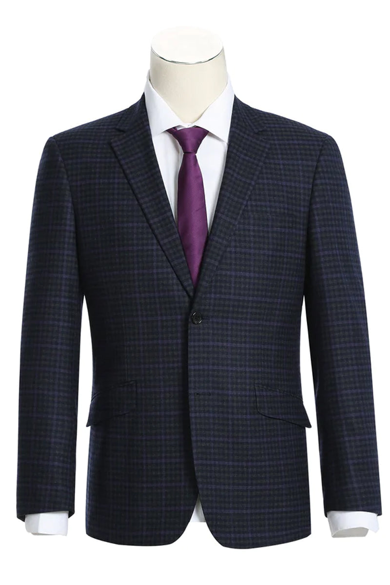 Mens Two Button Slim Fit Two Piece Wool Suit in Navy Blue & Purple Micro Check Plaid