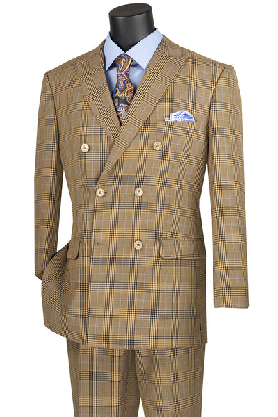 Mens Double Breasted Windowpane Plaid Suit in Mocha Light Brown
