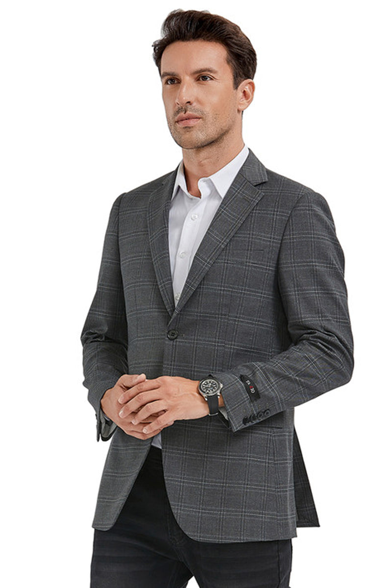Men's Slim Fit 2 Button Sport Coat Blazer in Grey Windowpane Plaid