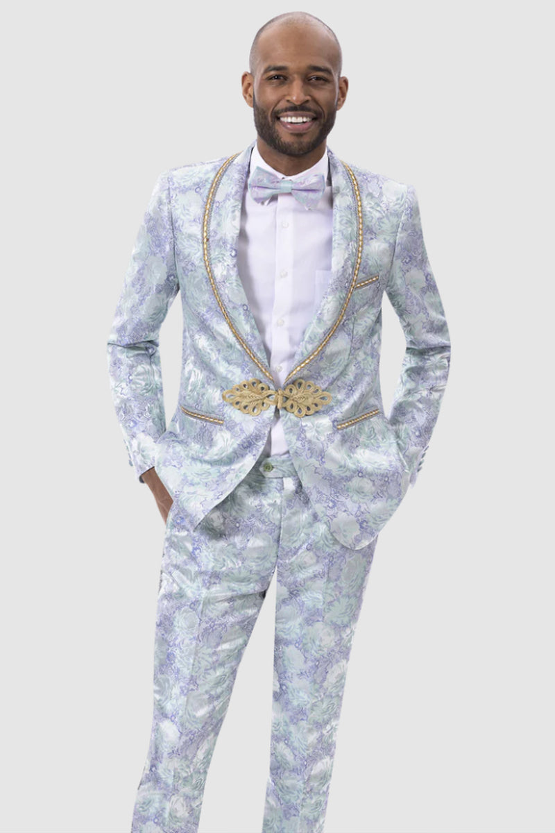 Mens Slim Fit Two Piece Blue Paisley Prom Smoking Jacket Tuxedo with G ...