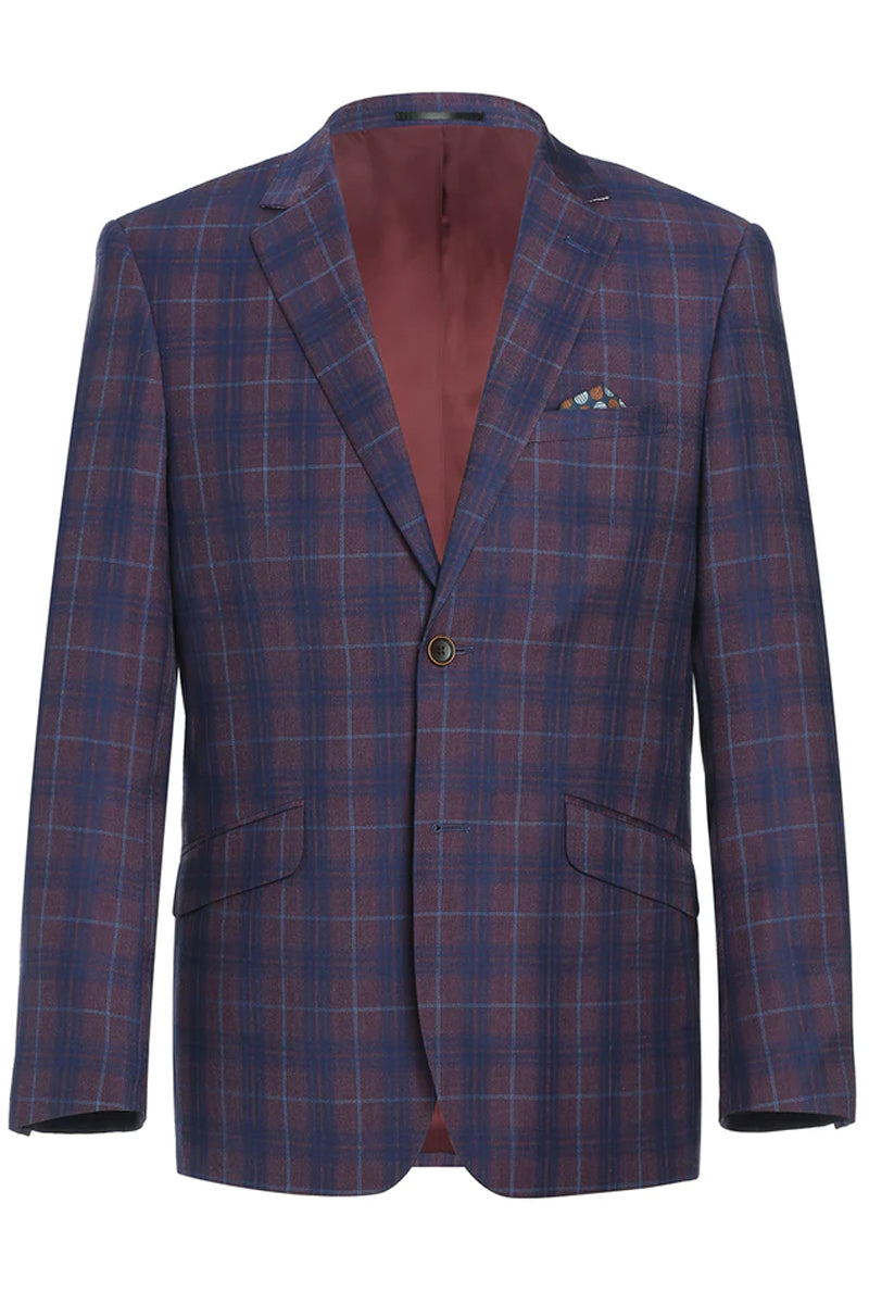 Mens Slim Fit Two Button Sport Coat Blazer in Purple & Blue Windowpane Plaid